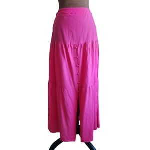 Midnight Sky Pink Linen Blend Tiered Button Front Midi Skirt Size XS Lightweight